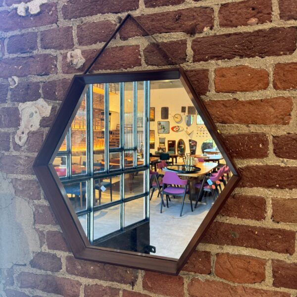 Hexagonal vintage teak mirror